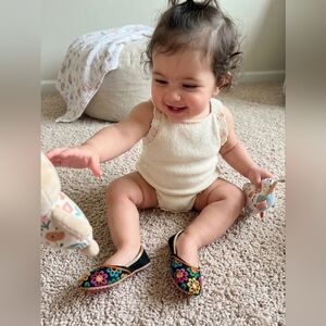 Baby Girls-  Black Embroidered Slip-On Shoes - Floral Design - Pumps/Khussa